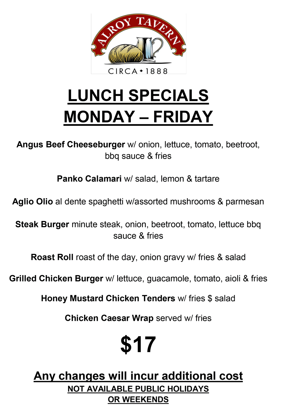 Alroy Tavern $17 Lunch Menu
