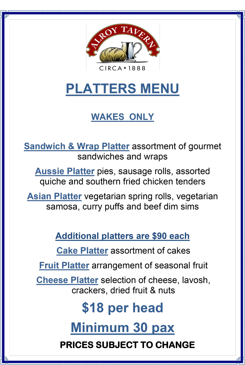 Alroy Tavern Platters Menu